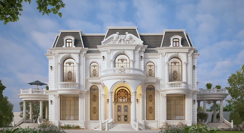 Sảnh vòm trung tâm kết hợp ban công bán nguyệt tạo điểm nhấn quyền quý, mang đậm tinh thần kiến trúc Pháp sang trọng