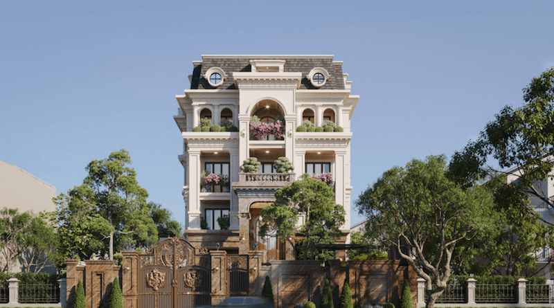 Biệt thự tân cổ điển 3 tầng nổi bật với mái Mansard dốc đặc trưng, cửa vòm cân đối, ban công sắt mỹ thuật và mặt tiền đối xứng sang trọng, bề thế
