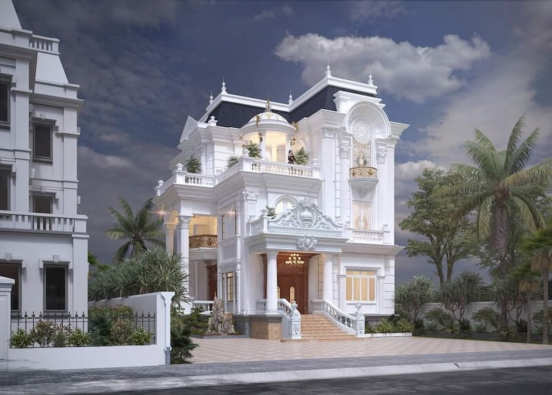 Biệt thự tân cổ điển nổi bật với mái Mansard xanh đen, hệ cột Corinth thanh thoát, ban công vòm cong mềm mại và sảnh vào chạm khắc tinh xảo, tôn vẻ sang trọng