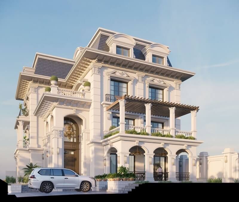 Biệt thự nổi bật với hệ mái Mansard đồ sộ cùng pergola tầng hai thanh thoát, tạo điểm nhấn kiến trúc sang trọng và đầy khí chất châu Âu