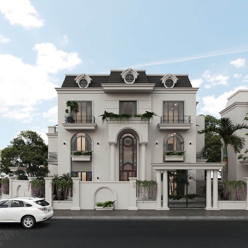 Mái Mansard điểm ba ô cửa tròn cân xứng, ban công sắt thanh mảnh và khung vòm trung tâm cao rộng tạo nên mặt tiền tân cổ điển trang nhã, giàu chiều sâu kiến trúc