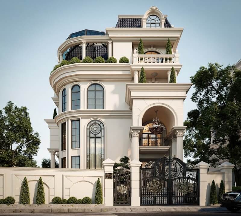 Khối ban công bo tròn mềm mại kết hợp mái kính vòm độc đáo tạo điểm nhấn sang trọng, tôn vẻ bề thế của villa tân cổ điển phong cách châu Âu hiện đại