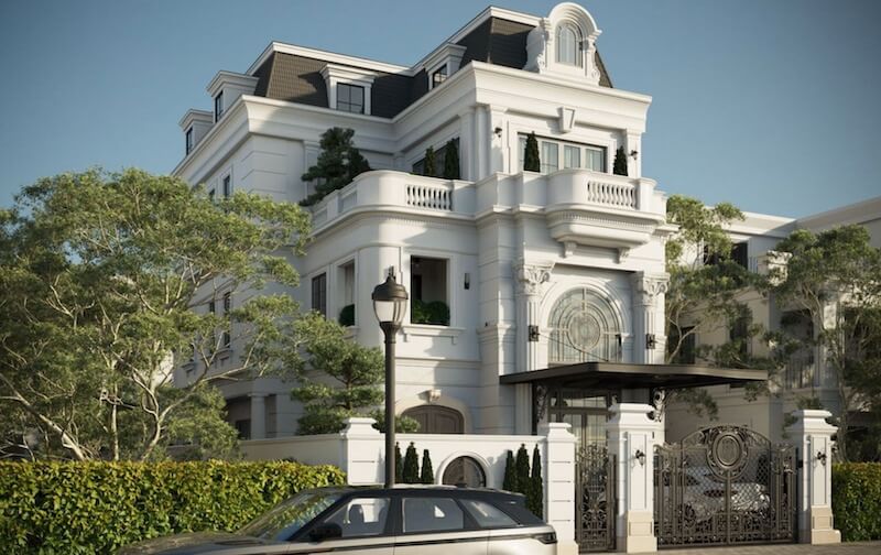 Công trình gây ấn tượng với mái Mansard đặc trưng, ban công balustrade uốn cong mềm mại và hệ cột Corinth chạm khắc tinh xảo