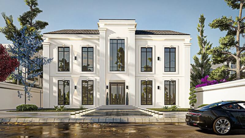 Phào chỉ được tiết chế vừa phải, tập trung nhấn vào trục trung tâm để tôn chiều cao công trình