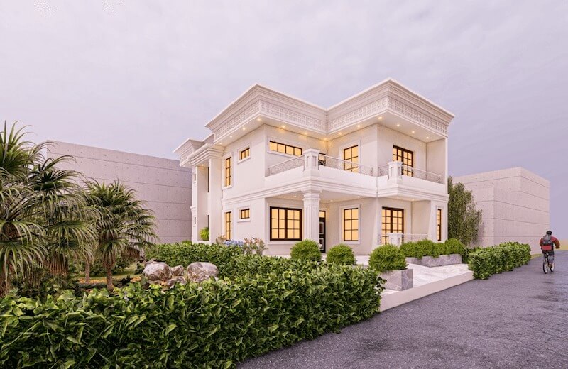 Hệ phào chỉ mái đua bản lớn được thiết kế tinh xảo nhưng tối giản, tạo đường viền sang trọng và giúp tổng thể biệt thự trở nên bề thế, chuẩn mực kiến trúc châu Âu hiện đại