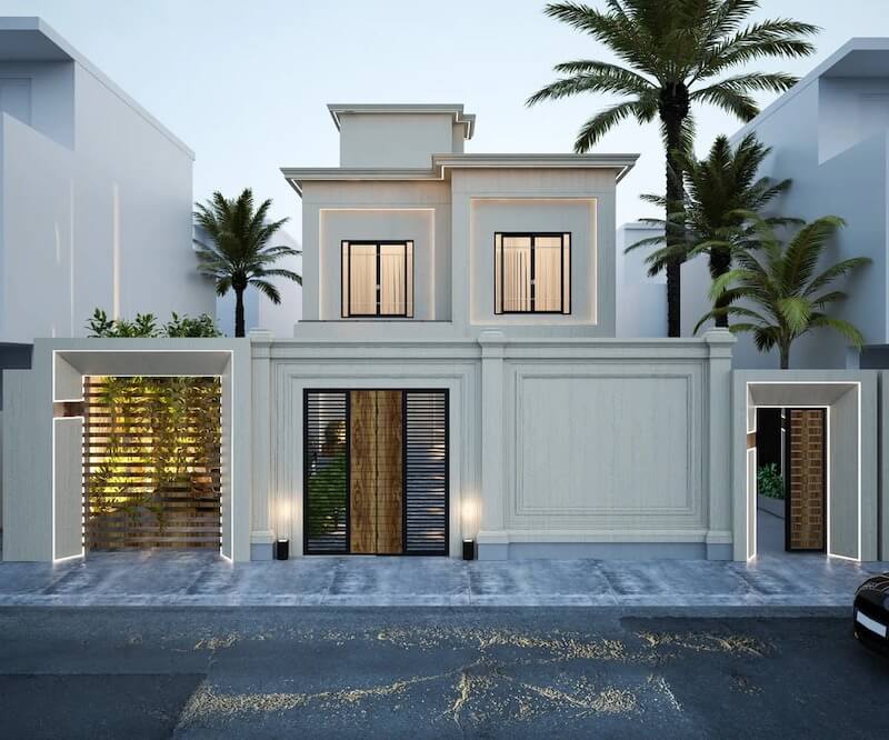 Hệ thống chiếu sáng được bố trí tinh tế với đèn hắt LED âm trần và đèn gắn tường ánh sáng vàng ấm, giúp tôn lên các đường phào chỉ, khung cửa và mảng tường nổi