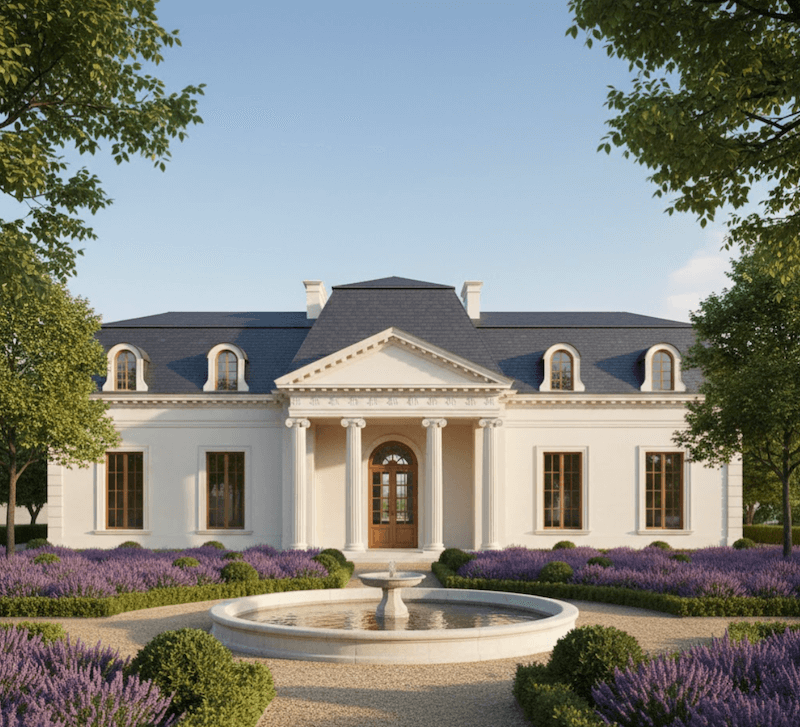 Mặt tiền đối xứng chuẩn mực, mái Mansard đặc trưng cùng hệ cột Ionic thanh thoát tạo nên tổng thể sang trọng, đậm tinh thần biệt thự vườn Pháp cổ điển