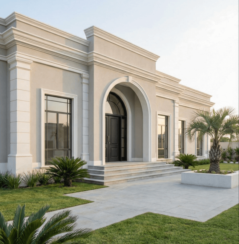 Vòm cửa lớn kết hợp phào chỉ tiết chế và gam màu trung tính mang lại vẻ thanh lịch, nhẹ nhàng nhưng vẫn giữ chuẩn mực kiến trúc châu Âu