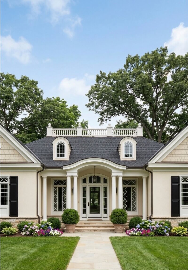 Mái dốc đối xứng, cửa sổ chia ô cổ điển và hiên cột thanh mảnh tạo nên vẻ trang nhã, đúng tinh thần biệt thự vườn Pháp