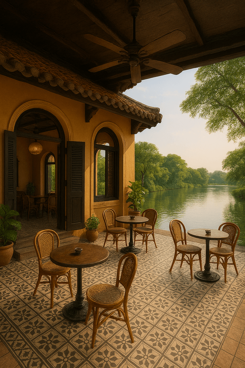 Bàn ghế mây tre cùng tầm nhìn thoáng đãng ra mặt nước tạo nên bầu không khí thư giãn, gần gũi thiên nhiên và đậm chất hoài niệm