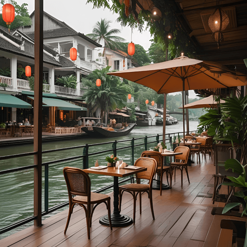 Tầm nhìn hướng ra dòng sông cùng khung cảnh thuyền bè tạo nên trải nghiệm ẩm thực thư thái, đậm chất nghỉ dưỡng