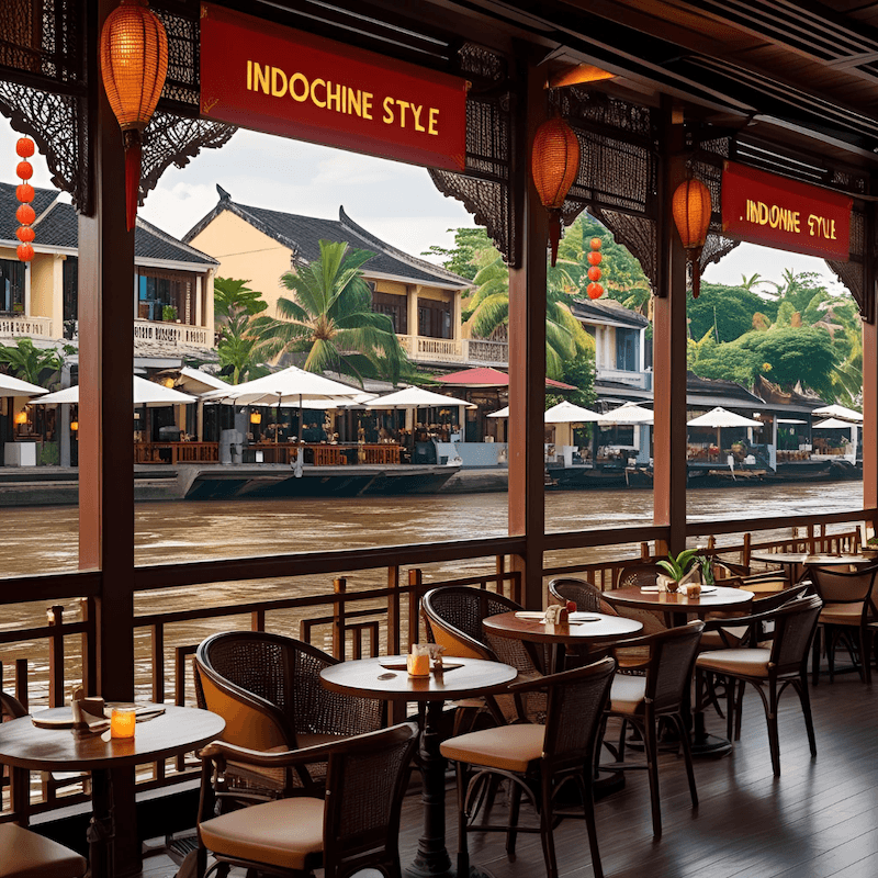 Bàn ghế mây tre kết hợp tầm nhìn hướng ra dòng sông tạo nên trải nghiệm ẩm thực vừa sang trọng vừa đậm chất Á Đông