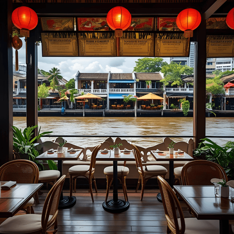 Khung cửa mở rộng hướng ra dòng sông mang đến tầm nhìn thoáng đãng, tạo trải nghiệm ẩm thực thư giãn và đậm chất Á Đông