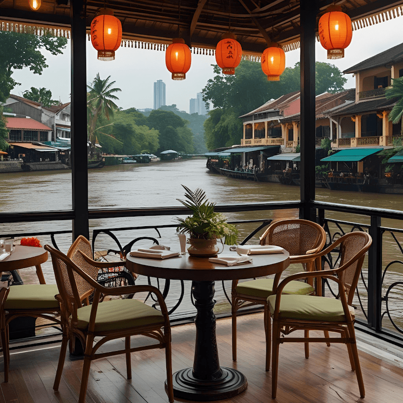 Không gian nhà hàng ven sông mang phong cách Indochine với đèn lồng treo trần, nội thất mây tre và bàn gỗ tròn ấm cúng
