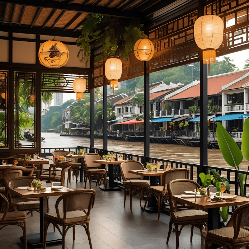 Không gian nhà hàng ven sông được thiết kế theo phong cách Indochine với khung gỗ, đèn lồng tre và nội thất mây tre tinh tế
