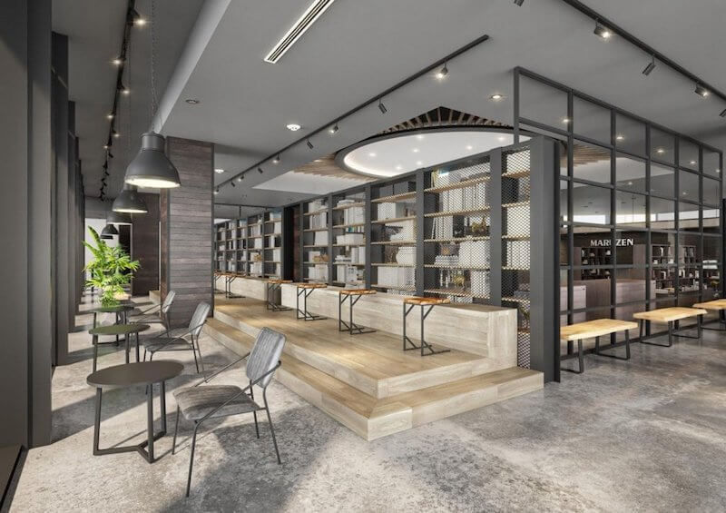 Trần cao, để lộ đường ống, dây điện và kết cấu bê tông, tạo cảm giác mạnh mẽ, phóng khoáng đặc trưng của phong cách công nghiệp