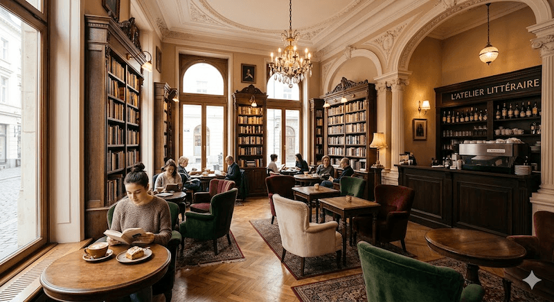 Kệ sách được làm nổi bật với phào chỉ trang trí tinh xảo, phân khu rõ ràng theo chủ đề, thuận tiện cho khách tìm kiếm