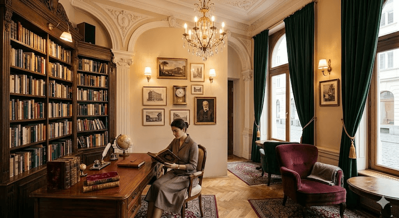 Các góc chill bố trí ghế bành cổ điển, bàn thấp, kết hợp tranh cổ điển hoặc tượng nhỏ, tạo không gian thư giãn riêng tư