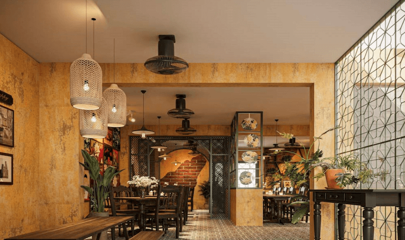 Thiết kế ánh sáng ưu tiên đèn vàng dịu, kết hợp chiếu sáng điểm nhấn giúp không gian ấm áp tăng trải nghiệm ẩm thực