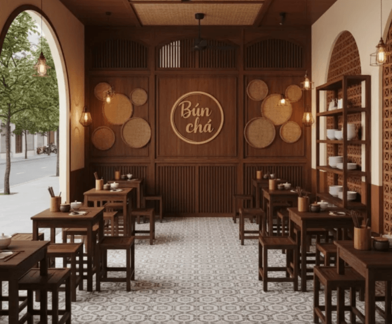 Nội thất quán bún chả phố cổ thường sử dụng bàn ghế gỗ nhỏ, ghế thấp, sắp xếp gọn gàng, kết hợp chất liệu mộc mạc tạo cảm giác gần gũi và đúng tinh thần Hà Nội xưa