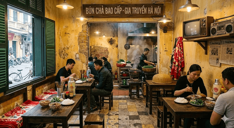 Thiết kế quán bún chả phong cách bao cấp sử dụng gạch bông lát nền, tường sơn cũ màu và nội thất gỗ đơn sơ để gợi lại không gian xưa thân thuộc