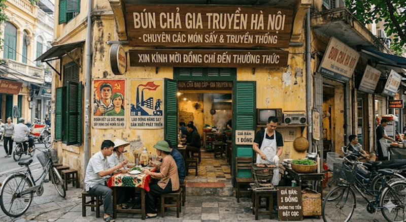 Bàn ghế trong quán thường có kiểu dáng thô mộc, không đồng bộ nhưng chắc chắn, tạo cảm giác chân thật và gần gũi như quán ăn thời bao cấp