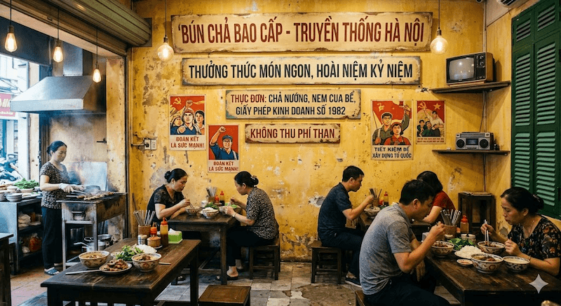 Biển hiệu quán thường thiết kế theo kiểu chữ viết tay hoặc bảng nền đơn giản, tạo cảm giác bình dân và dễ nhận diện