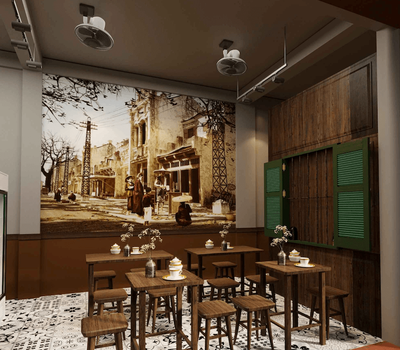 Bố trí bàn ghế, lối đi thông thoáng, giúp khách dễ di chuyển, phục vụ, giữ trọn trải nghiệm ẩm thực phố cổ đậm đà