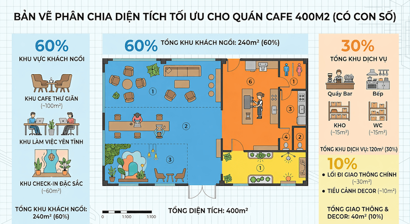 Với 400m2, quán nên chia không gian theo tỷ lệ 60% khu khách ngồi, 20% khu dịch vụ và  10% khu giao thông và decor
