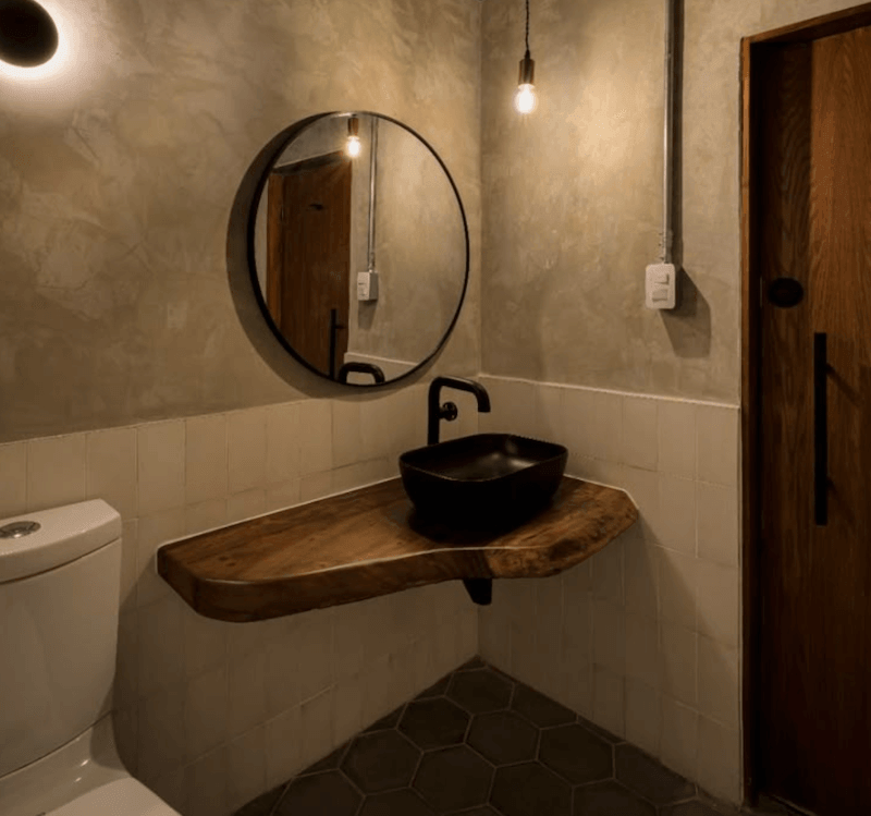 Nhà vệ sinh nên đặt ở vị trí kín đáo nhưng dễ tìm, đảm bảo thông thoáng, sạch sẽ, có hút mùi tốt và lối đi thuận tiện, không ảnh hưởng khu bàn ăn