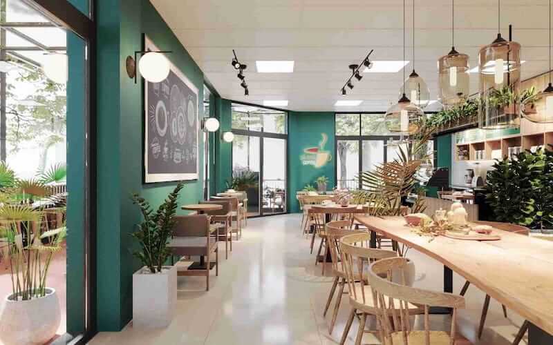 Không gian được phân chia hợp lý giữa khu ăn sáng và khu cafe, giúp khách dễ lựa chọn trải nghiệm phù hợp theo nhu cầu từng thời điểm trong ngày