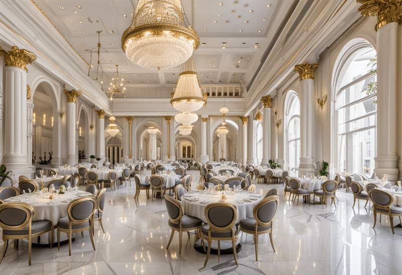 Kiến trúc Neoclassic đề cao sự hài hòa tỷ lệ, ánh sáng tự nhiên và không gian mở giúp trải nghiệm ẩm thực trở nên thoải mái hơn