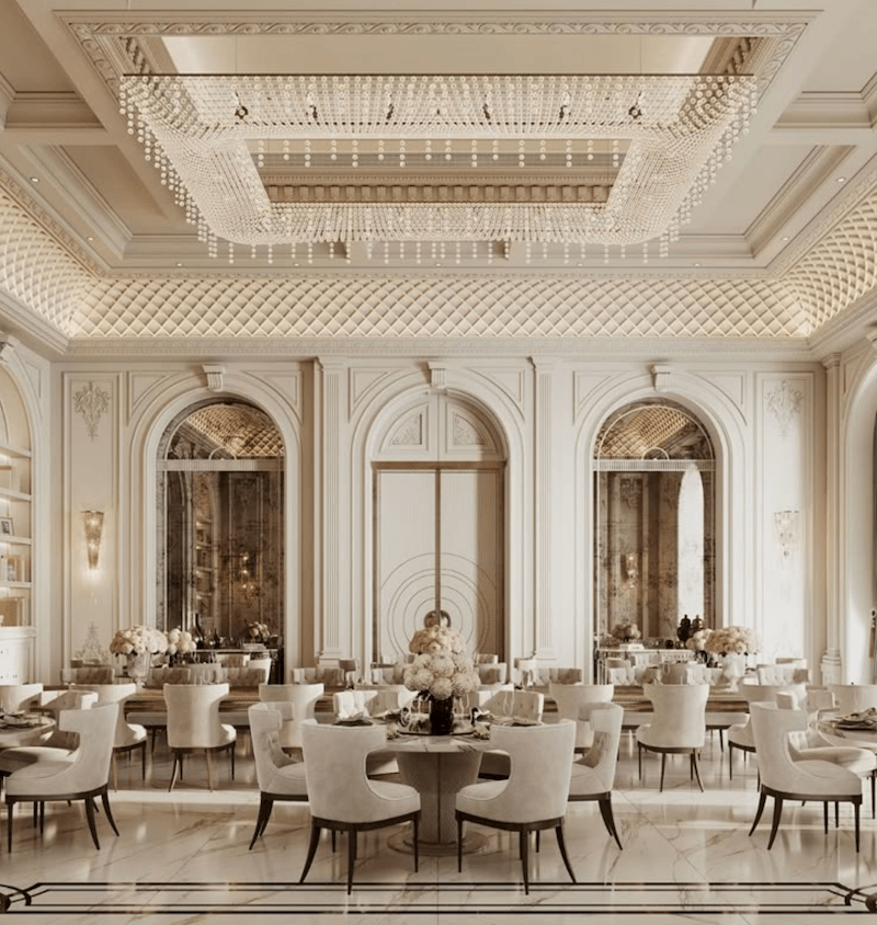 Nhà hàng Neoclassic kết hợp ánh sáng vàng ấm và ánh sáng tự nhiên giúp không gian trở nên sang trọng, gần gũi và thu hút khách hàng
