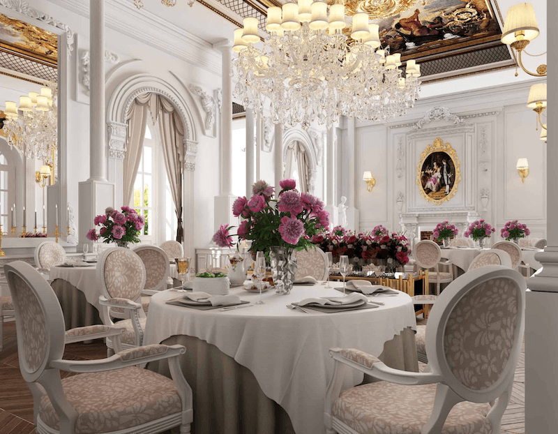 Phong cách cổ điển Pháp phù hợp nhà hàng fine dining, tiệc cưới và không gian ẩm thực châu Âu cao cấp, mang trải nghiệm tinh tế khác biệt