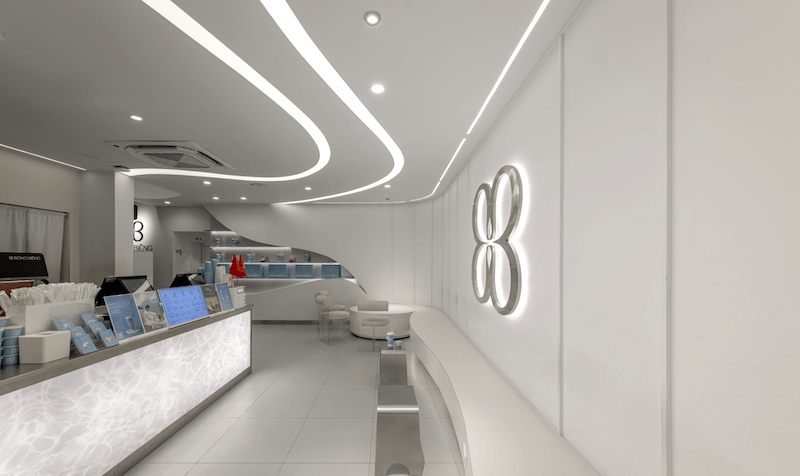 Quầy bar được thiết kế nổi bật giúp khách dễ dàng check-in, tạo điểm nhấn thị giác, đồng thời tăng trải nghiệm tương tác và hiệu ứng lan truyền hình ảnh mạnh mẽ