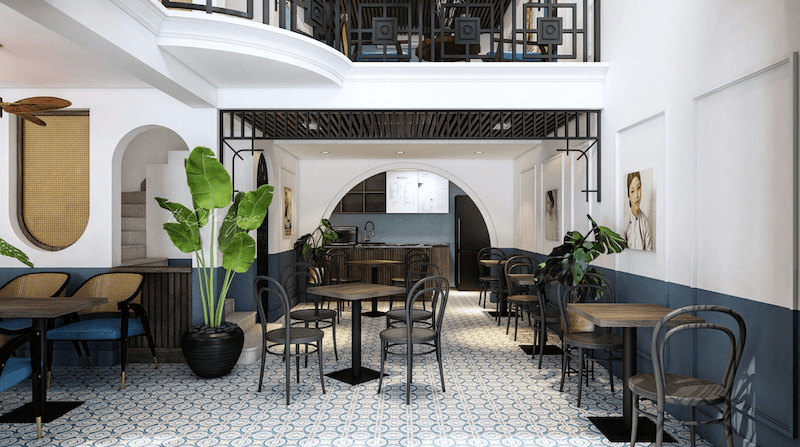 Thiết kế nhà hàng 200m2 phong cách Đông Dương tập trung vào không gian mang đậm dấu ấn kiến trúc, tạo cảm giác hoài cổ nhưng vẫn sang trọng