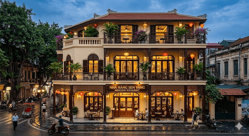 Thiết kế nhà hàng 3 tầng phong cách Indochine kết hợp nét Á Đông và Pháp cổ, tạo không gian sang trọng ấm cúng và giàu giá trị thẩm mỹ
