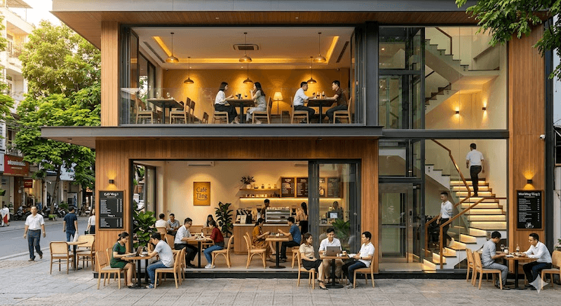 Cách phân tầng giúp tách biệt tiếng ồn giữa khu cafe và nhà hàng, mang lại trải nghiệm thoải mái hơn cho từng nhóm khách