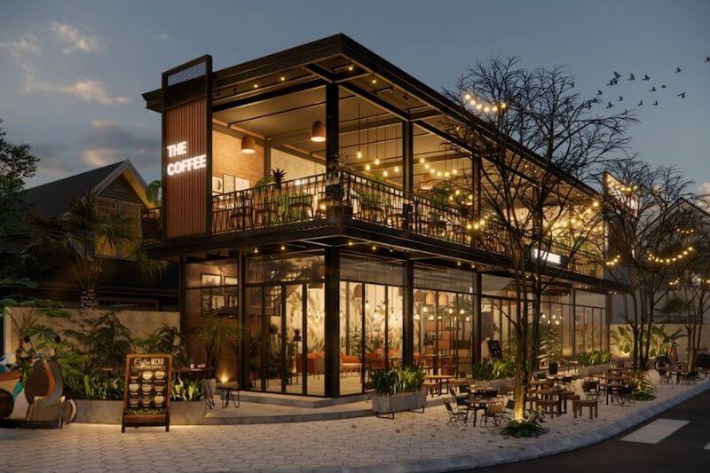 Khu vực cafe tầng trệt thường bố trí gần mặt tiền nhằm tăng khả năng nhận diện thương hiệu và thu hút khách vãng lai hiệu quả