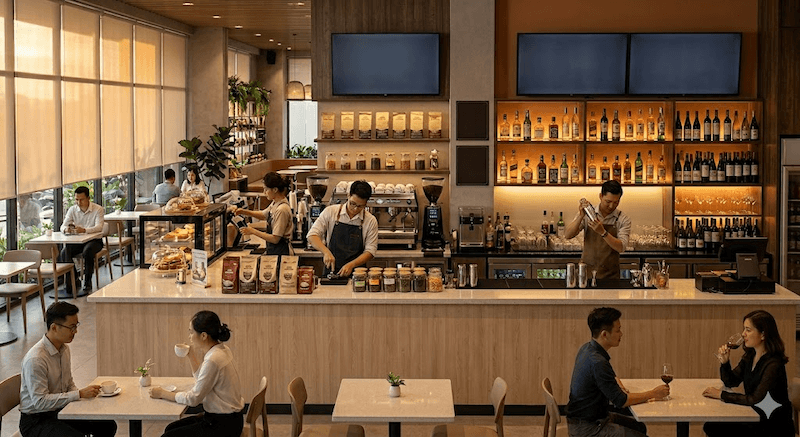 Một quầy Bar đa năng sẽ giúp tối ưu diện tích, đảm bảo vận hành mượt mà và hỗ trợ không gian chuyển đổi “vibe” tự nhiên theo từng khung giờ trong ngày