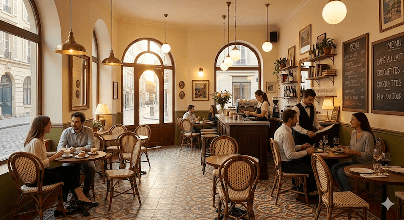 Nhà hàng cafe phong cách Bistro Pháp phù hợp với nhóm khách hàng yêu thích không gian tinh tế, lãng mạn và có cảm giác thư giãn nhẹ nhàng kiểu châu Âu