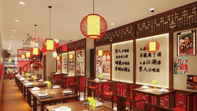 Màu sắc nhà hàng Hoa thường dùng đỏ, vàng tượng trưng may mắn, thịnh vượng, kết hợp gỗ nâu trầm tạo chiều sâu, mang lại cảm giác ấm áp, sang trọng
