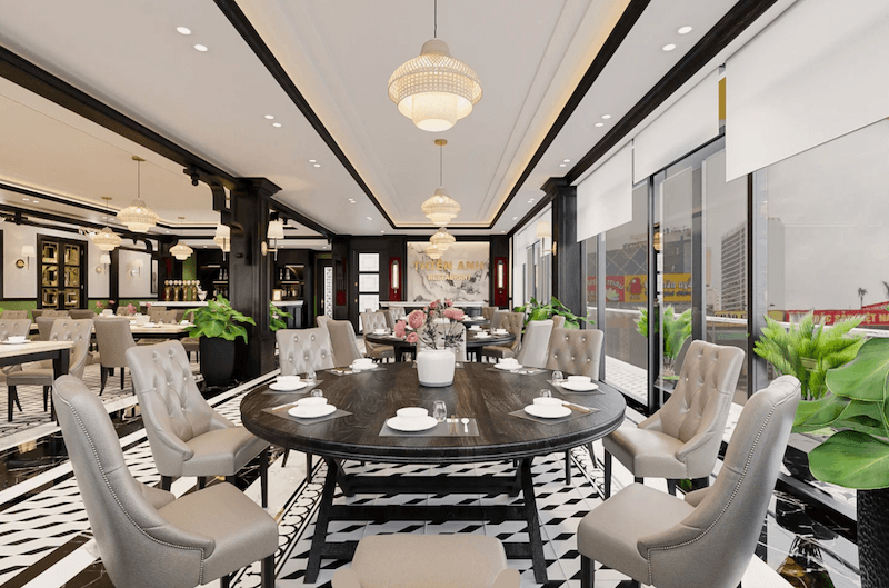 Phong cách Indochine mang đến sự kết hợp hài hòa giữa nét Á Đông truyền thống và kiến trúc Pháp, giúp quán ăn kết hợp nhà ở trở nên sang trọng và có bản sắc riêng