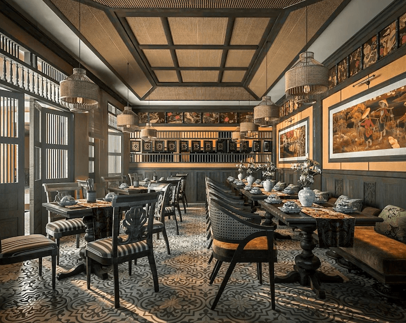 Họa tiết trang trí mang tính nghệ thuật như hoa văn Đông Dương, quạt trần hay vách ngăn giúp tăng chiều sâu và giá trị thẩm mỹ cho không gian