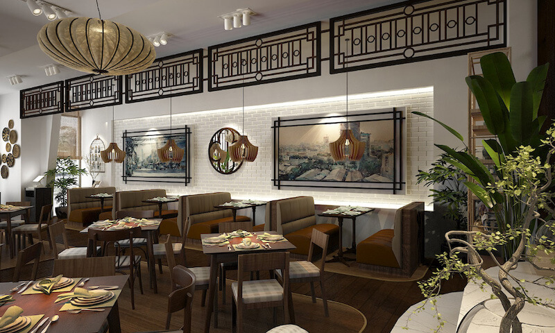 Không gian Indochine cũng cần được thiết kế thông thoáng, kết hợp hệ thống hút mùi hiệu quả để bảo vệ vật liệu tự nhiên khỏi ám mùi lâu dài