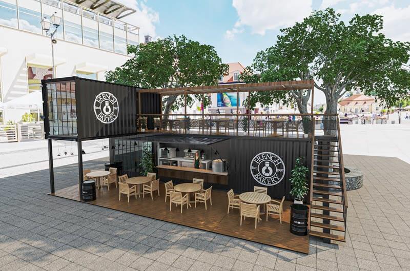 Thùng container cũ được tái sử dụng làm quầy bán hàng, tạo điểm nhấn mạnh mẽ và giúp không gian trở nên khác biệt ngay từ cái nhìn đầu tiên