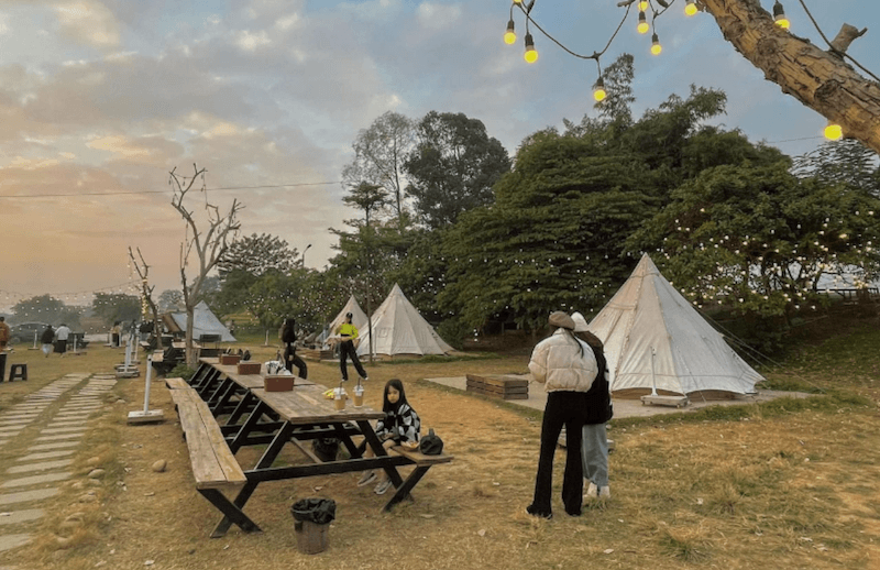Hệ thống đèn dây ánh vàng được treo khắp không gian, tạo hiệu ứng lung linh ấm áp khi trời tối, rất thu hút khách đến check-in