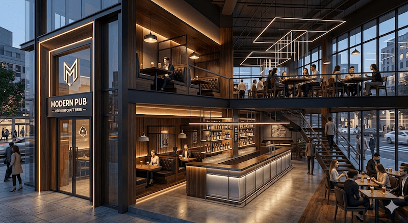 Thiết kế Modern Pub thường sử dụng kính, kim loại và gỗ tối màu để tạo cảm giác cao cấp, phù hợp mô hình bia nhập khẩu và craft beer