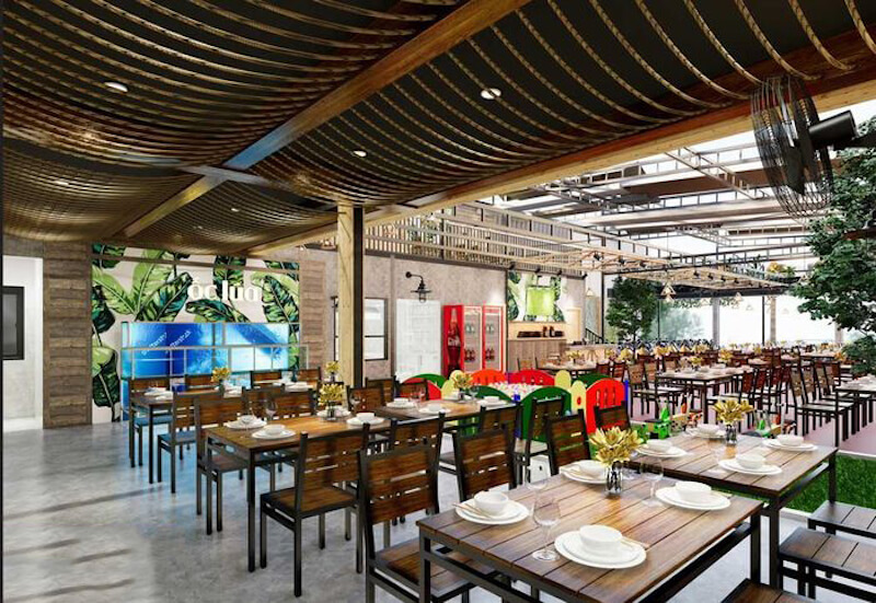 Tầng 1 nên được thiết kế theo hướng thu hút và phục vụ nhanh, ưu tiên quầy bar nổi bật, lối đi thông thoáng và bàn ghế linh hoạt dễ xoay vòng khách