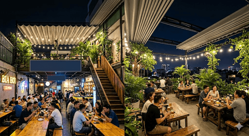 Quán bia 2 tầng phong cách Beer Garden tận dụng không gian mở, cây xanh và ánh sáng nhẹ để tạo cảm giác thư giãn, thoáng mát và dễ ngồi lâu